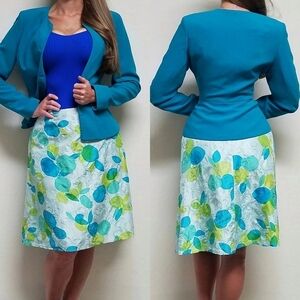 VINTAGE 90s Anne Klein Turquoise Blazer Abstract Silk A-line Skirt Set Outfit